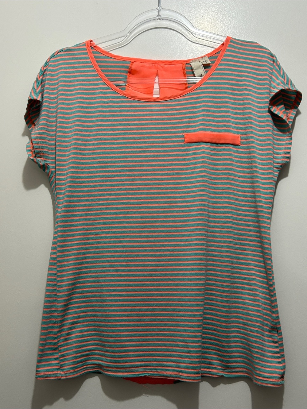 Robin.K Coral Teal Gray Striped Short Sleeve Pocket Tee Size Small